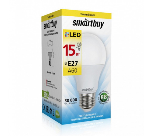Лампа светодиодная Smartbuy 15Вт Е27 3000К 