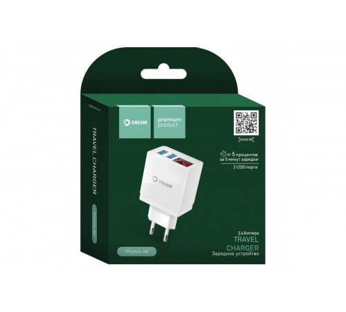Зарядное уст-во сет.2USB  2.4А A61 DREAM белое