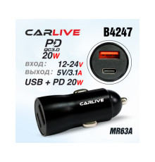 Зарядное уст-во автомоб. 1USB 5В/2.4А+PD20W
